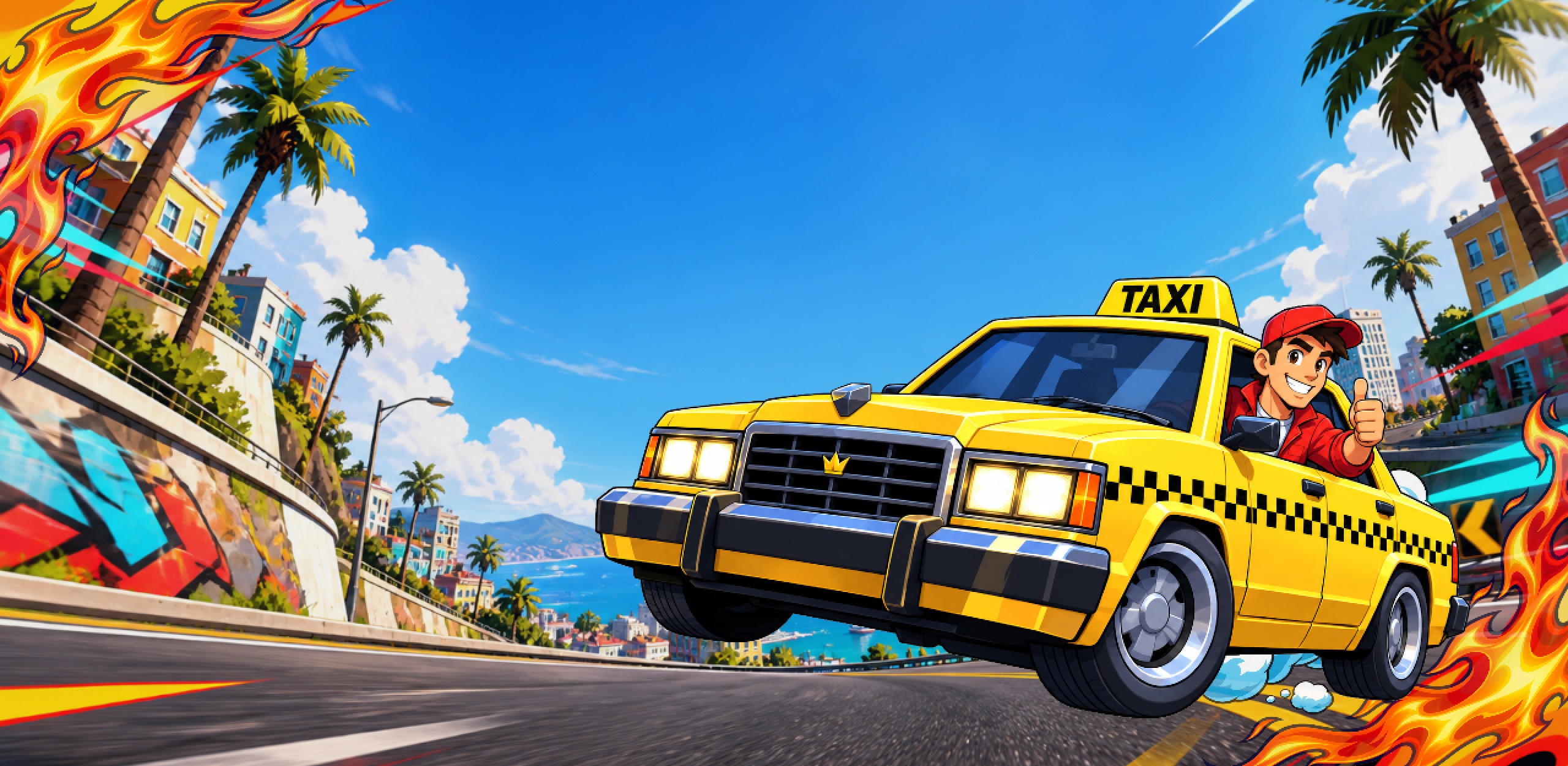 A cartoon driver gives a thumbs up from a yellow taxi flying down a seaside road lined with palm trees