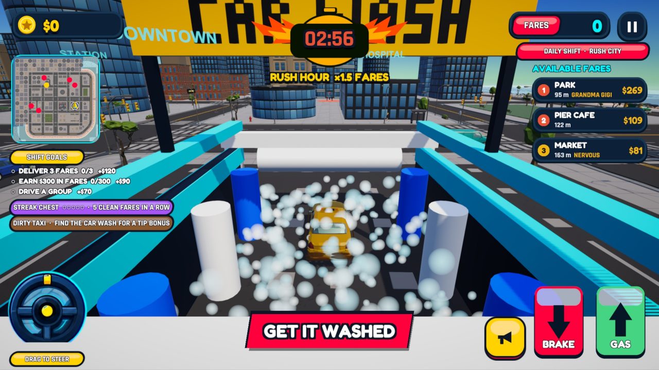 The taxi inside the car wash tunnel covered in foam